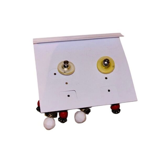 Vtg Gold Metal Earrings w Red White & Gold Beads, Bohemian Statement Retro - Picture 3 of 3